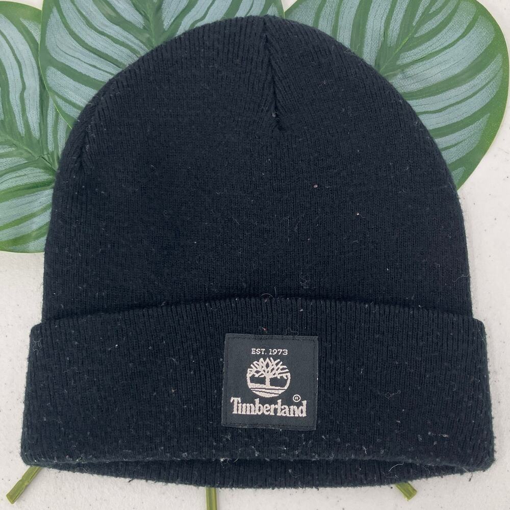 Timberland Black White Patch Cuffed Knit One Size Winter Beanie Hat